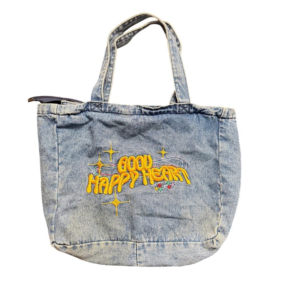 Vintage Y2K Denim Tote Acid Wash Blue Jean Puffy Embroidered Graphic Bag